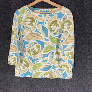 Lark Lane Blouse Women M Medium Blue Floral 3/4 Sleeve Round Neck Cotton Casual